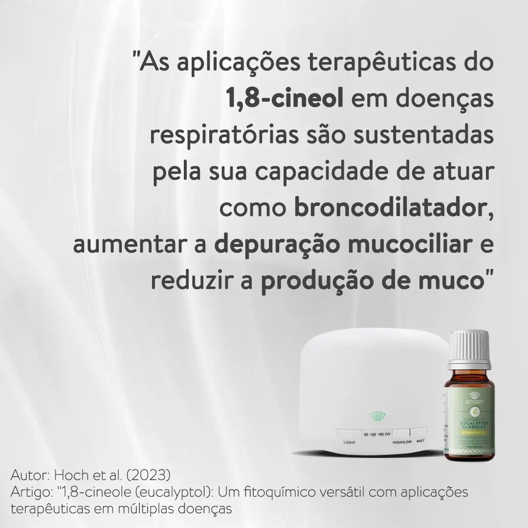 As aplicações terapêuticas do 1,8-cineol em doenças respiratórias são sustentadas pela sua capacidade de atuar como broncodilatador, aumentar a depuração mucociliar e reduzir a produção de muco. Hoch et al. (2023) Um fotoquímico versátil com aplicações terapêuticas