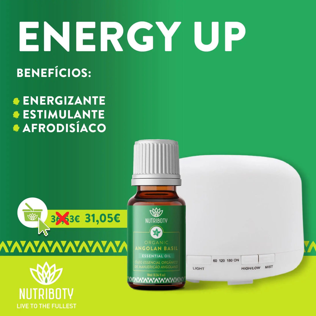 Óleo essencial manjericão com propriedades benéfica para a saúde dadas as suas propriedades estimulantes e anti-inflamatórias. É ideal para dar ânimo, motivação e energia. Serve como inseticida. Difusor de aroma ambientador humidificador e aromatizador: reduz presença de bactérias.