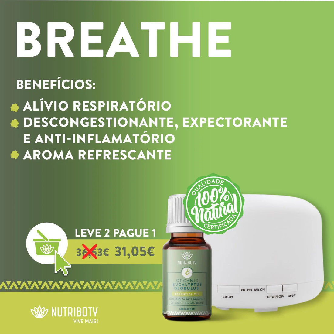 Óleo essencial Eucalipto Globulus sistema respiratório. Com propriedades expectorantes, descongestionantes e anti-inflamatórias cruciais para manter as suas vias respiratórias sempre desobstruídas e saudáveis. Difusor de aroma inalação dos seus componentes para promoção da saúde e bem-estar. Humidifica e aromatiza.