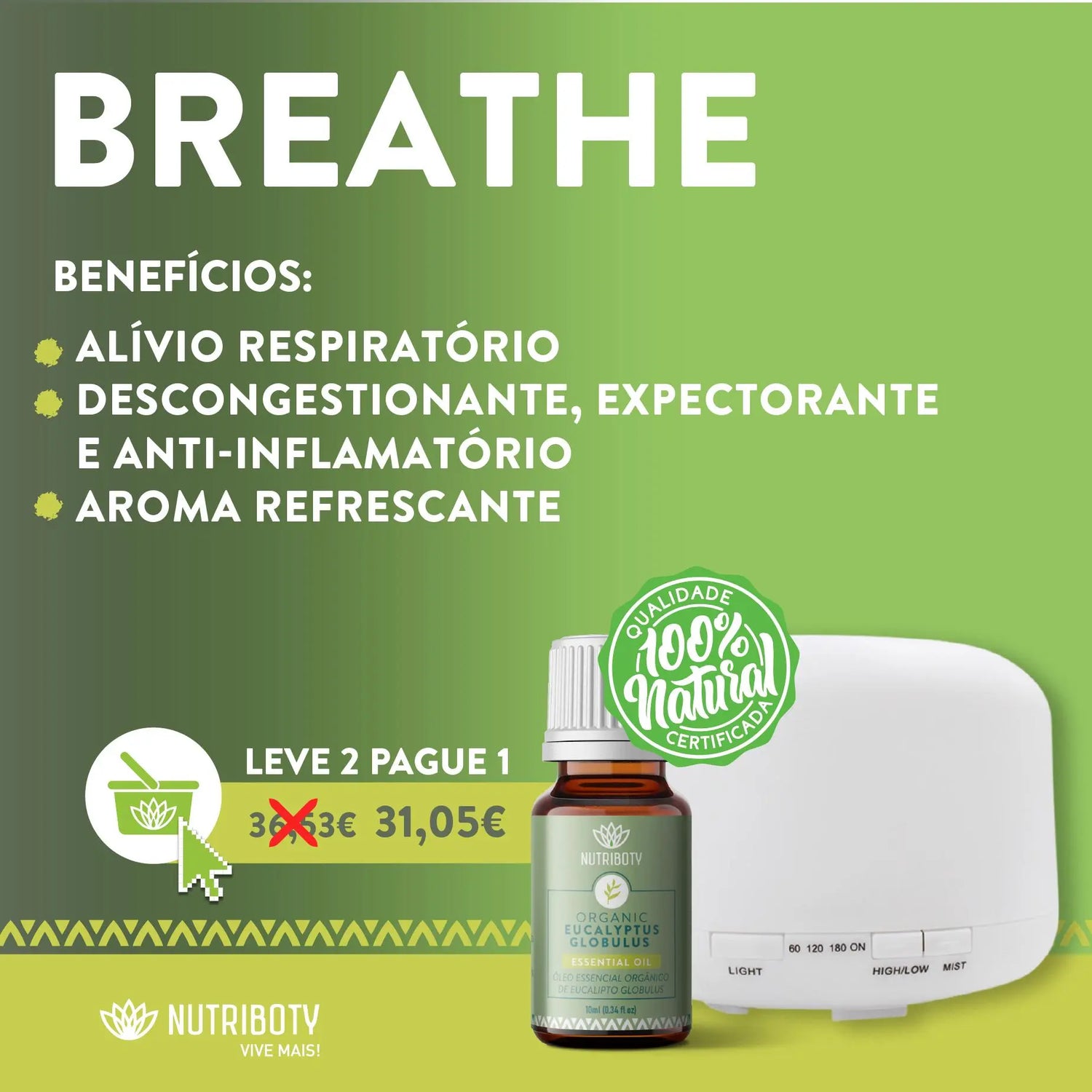 Óleo essencial Eucalipto Globulus sistema respiratório. Com propriedades expectorantes, descongestionantes e anti-inflamatórias cruciais para manter as suas vias respiratórias sempre desobstruídas e saudáveis. Difusor de aroma inalação dos seus componentes para promoção da saúde e bem-estar. Humidifica e aromatiza.
