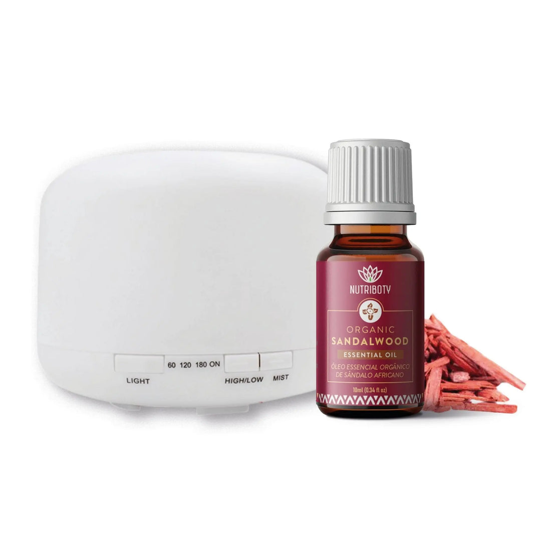 O Combo Óleo Essencial de Sândalo Africano 10ml + Difusor de Aroma 500ml da Nutriboty é imprescindível na sua rotina espiritual!  Com um aroma bem quente e terroso, este óleo é ideal para atingir o nirvana. E, ao&amp;nbsp;adquirir este combo, ainda usufrui de um desconto de 15%!