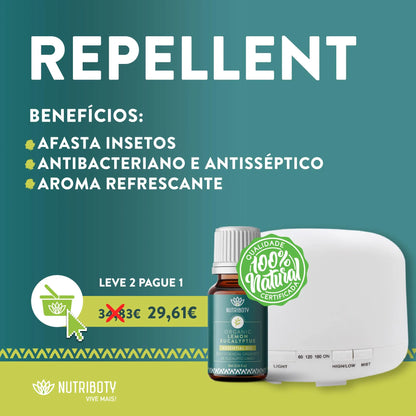 Óleo essencial eucalipto limão com propriedades antibacterianas, antissépticas e repelentes, afasta os insetos num ápice! Adeus mosquitos, moscas, melgas e traças! Difusor de aroma ambientador humidificador e aromatizador: reduz presença de bactérias.