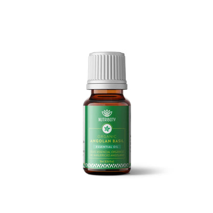 O óleo essencial de manjericão angolano tem um aroma quente e aromático, picante-canforado, tem propriedades estimulantes e anti-inflamatórias. Este óleo é usado para combater a fadiga, sonolência, servindo como energizante e estimulando. Ainda é eficaz no tratamento de constipações, gripes, constipações e tosse.