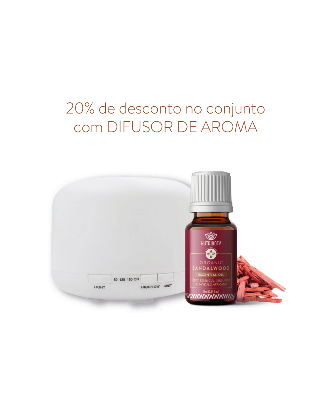 Óleo essencial de Sãndalo Africano - Espiritualidade - O Óleo Essencial de Sândalo Africano da Nutriboty apresenta propriedades relaxantes, ajudando em práticas espirituais como a meditação, o yoga e o reiki. Liberta a mente de pensamentos indesejados e promove energia positiva. É ideal para alimentar o espírito! Fixador de fragrâncias - O sândalo é conhecido por ser um poderoso fixador de fragrâncias. Com um odor sensual mas sofisticado, consiste numa nota de base quente e amadeirada extremamente duradoura